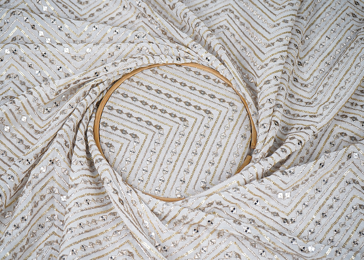 White Georgette Fabric With All Over Zari And Sequins Work With One Side Border 19200
