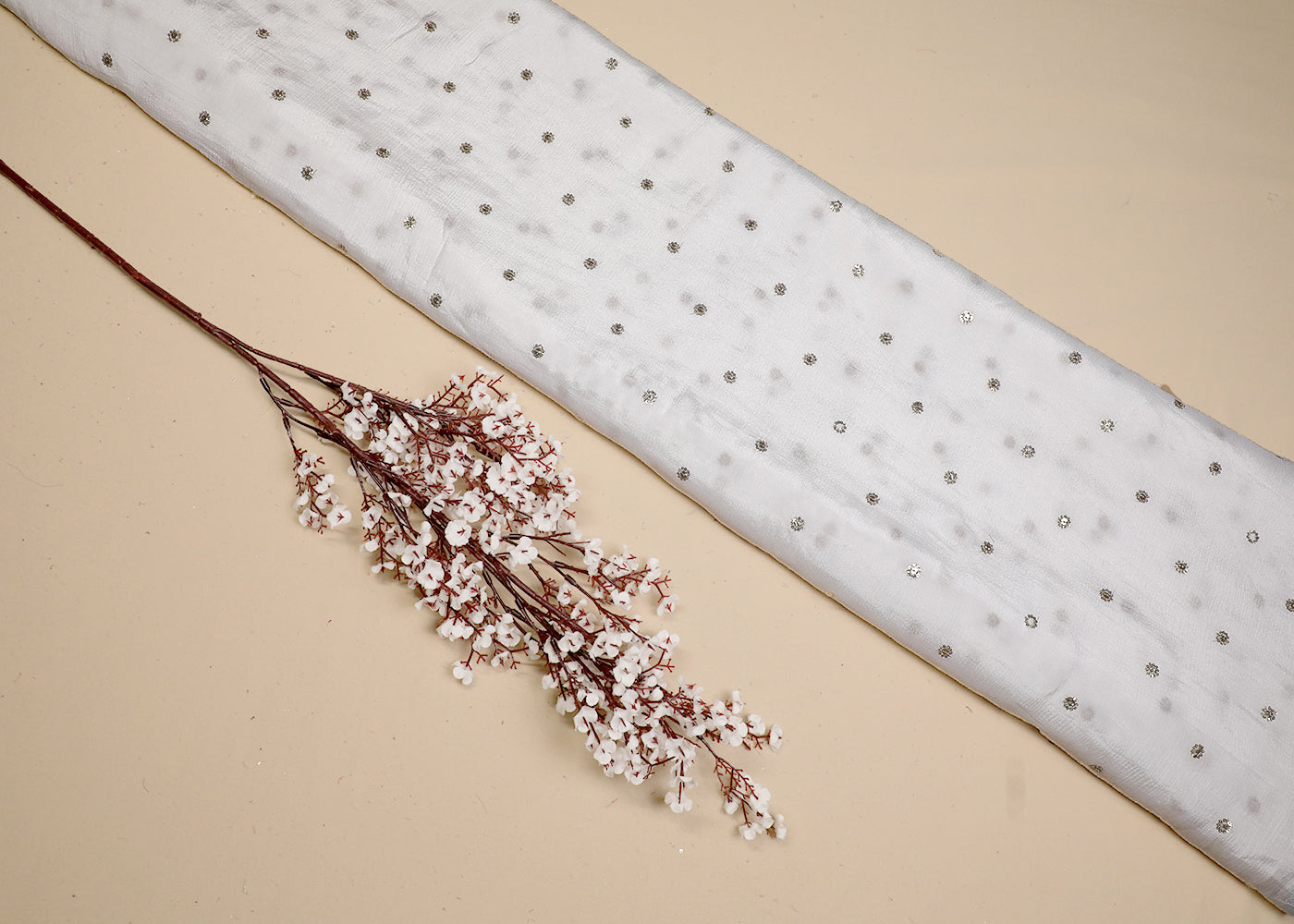 White Chinon Chiffon Fabric With All Over Sequins Buti Work 19213
