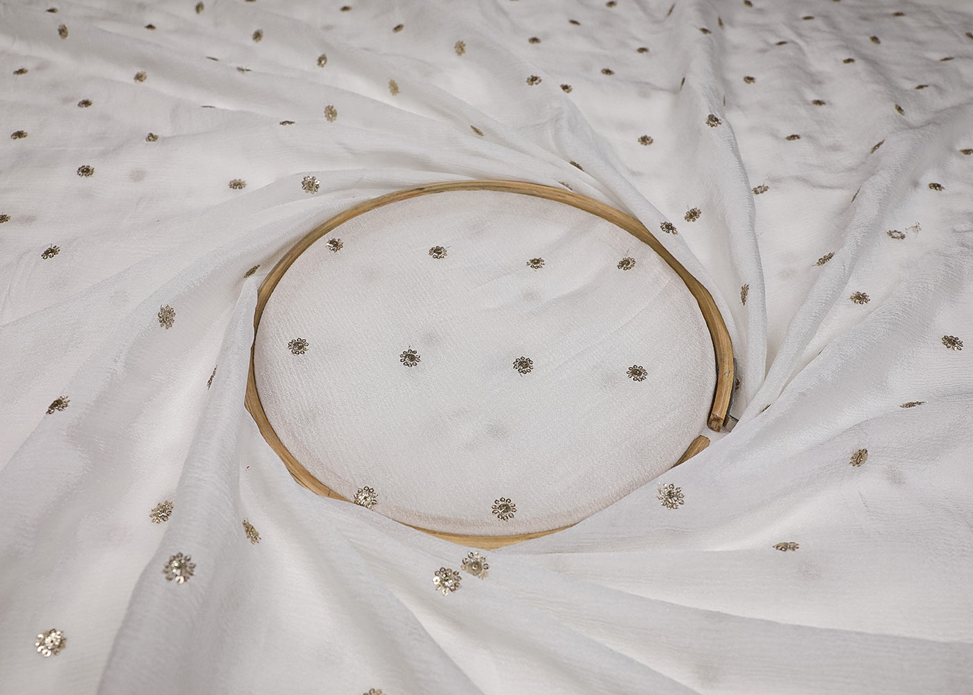 White Chinon Chiffon Fabric With All Over Sequins Buti Work 19213