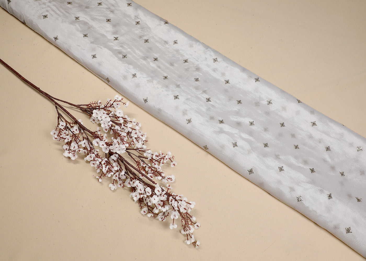 White Chinon Chiffon Fabric With All Over Sequins Buti Work 19214