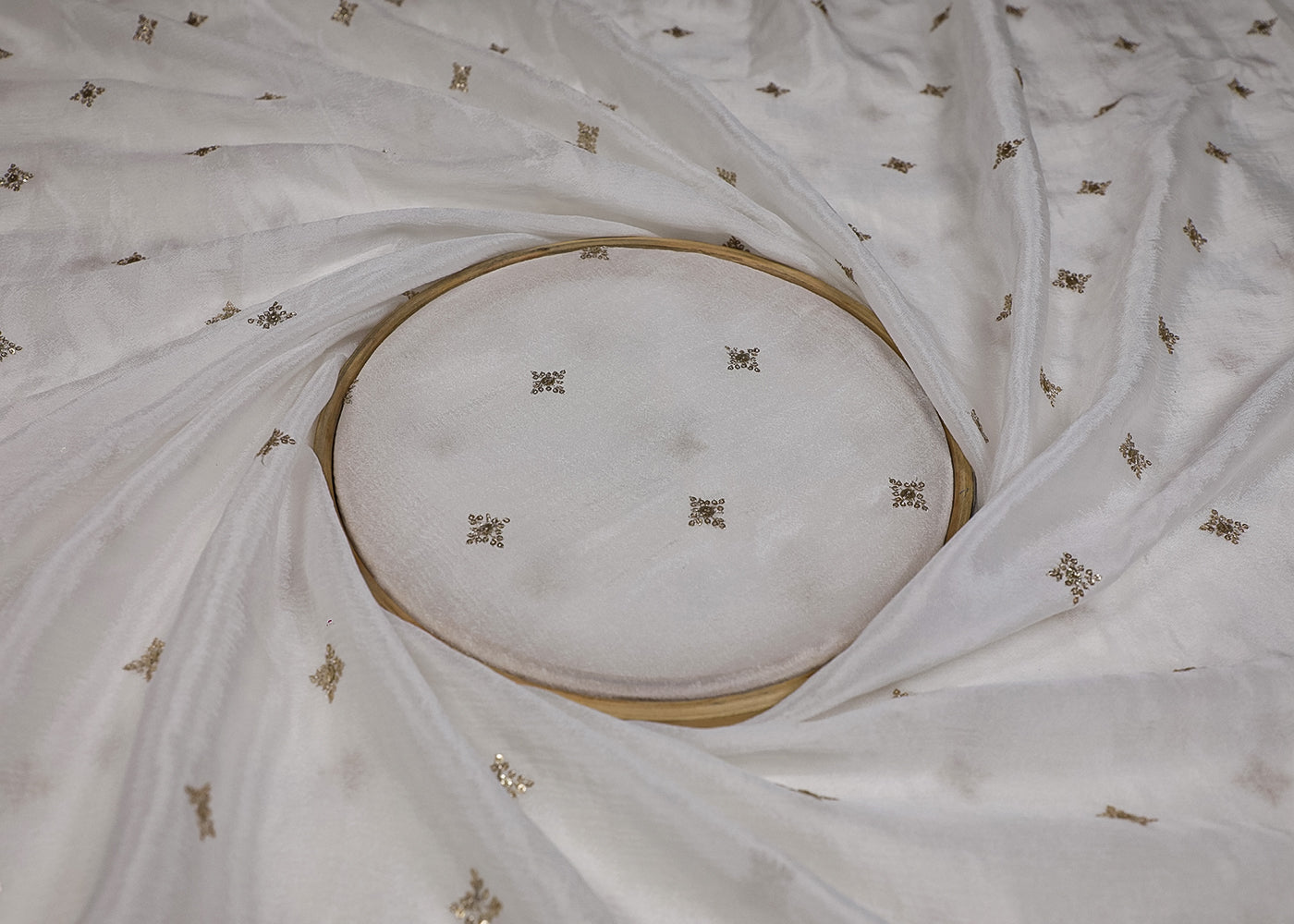 White Chinon Chiffon Fabric With All Over Sequins Buti Work 19214