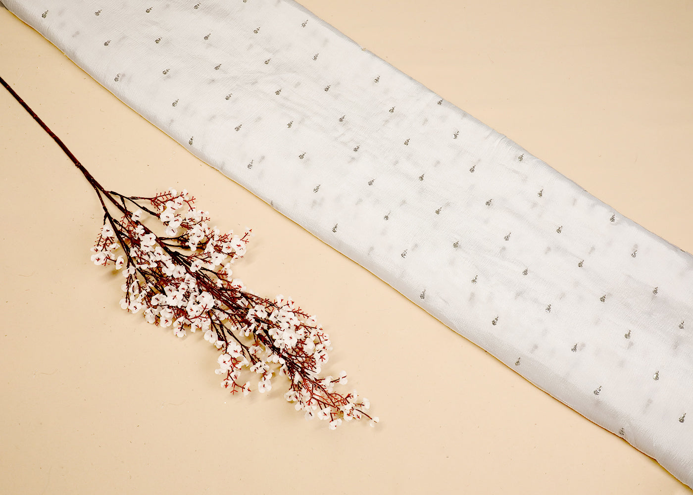White Chinon Chiffon Fabric With All Over Sequins Buti Work 19215