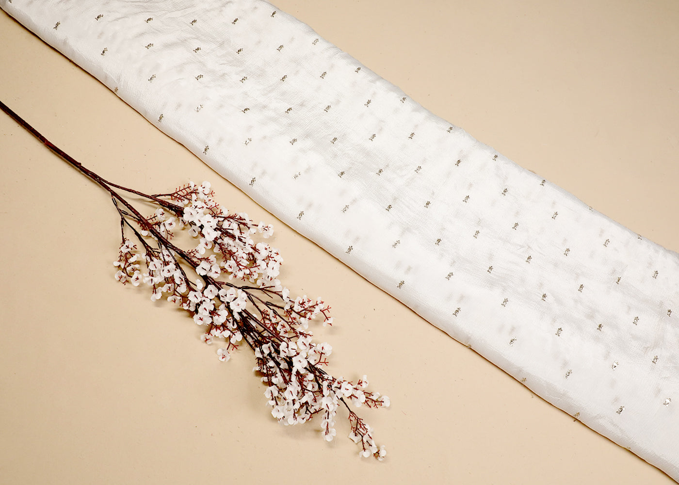 White Chinon Chiffon Fabric With All Over Sequins Buti Work 19216