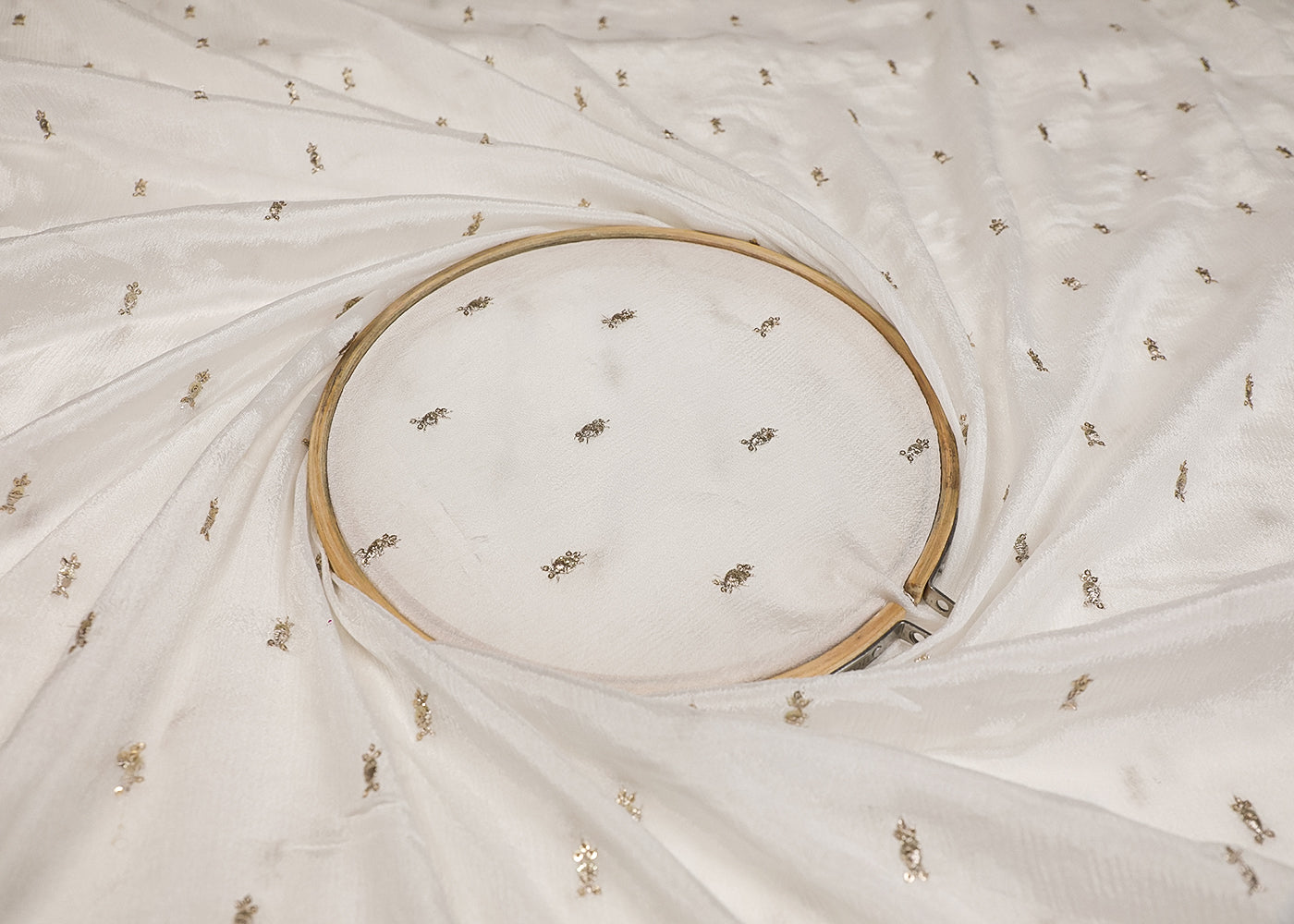 White Chinon Chiffon Fabric With All Over Sequins Buti Work 19216