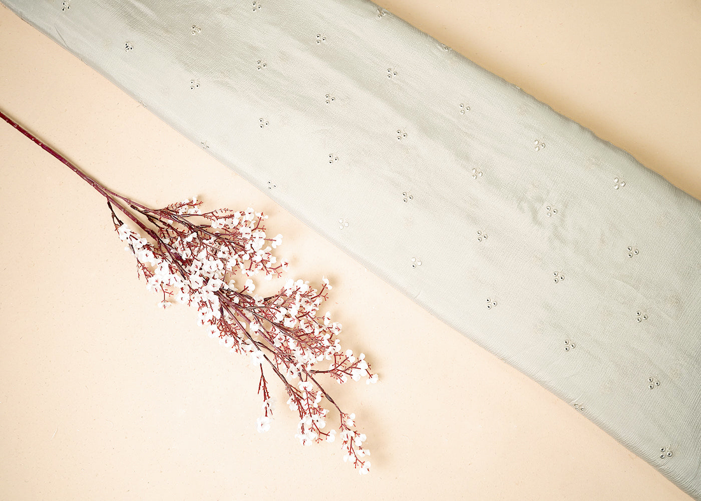 White Chinon Chiffon Fabric With All Over Thread And Faux Mirror Work 19217