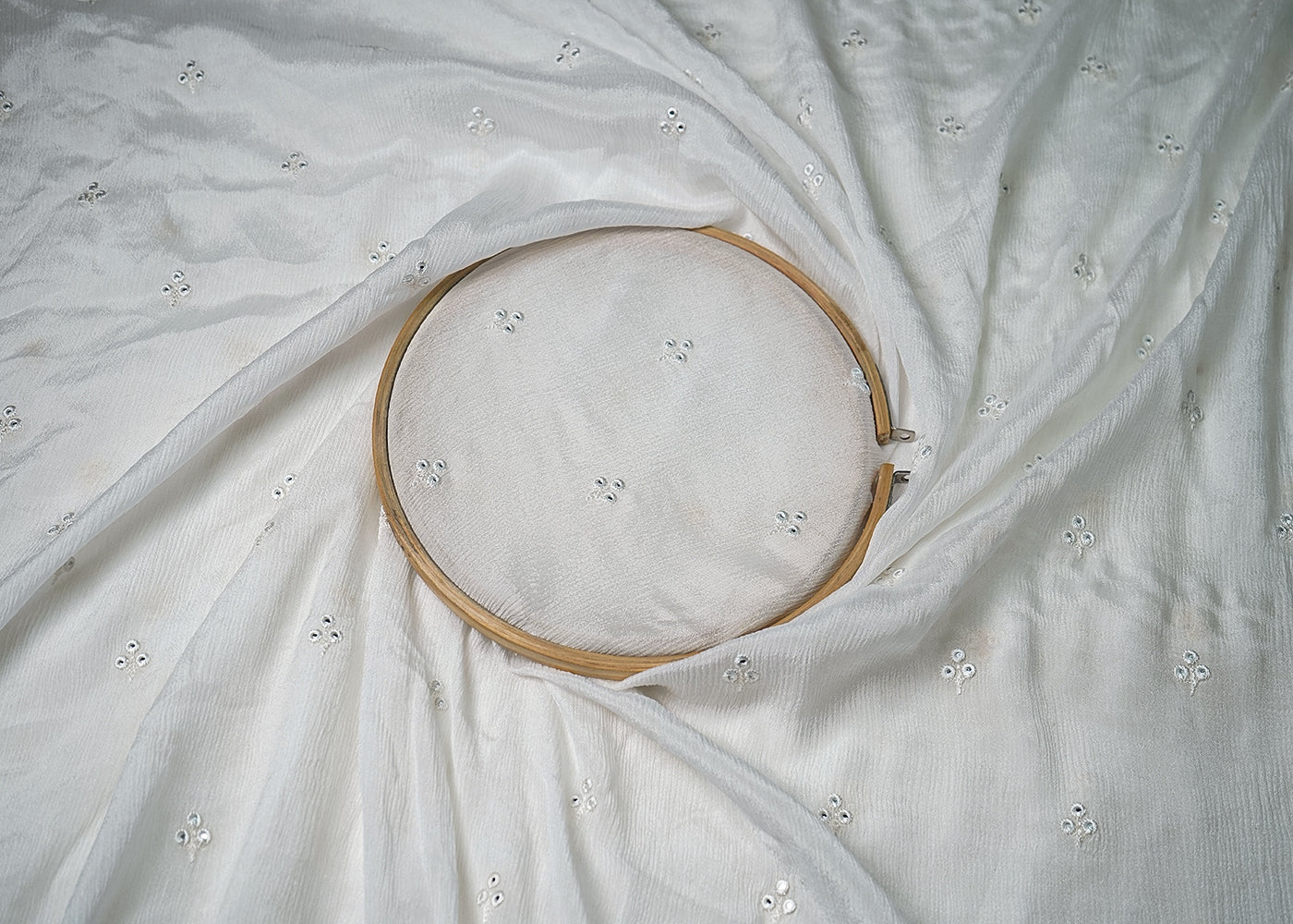 White Chinon Chiffon Fabric With All Over Thread And Faux Mirror Work 19217