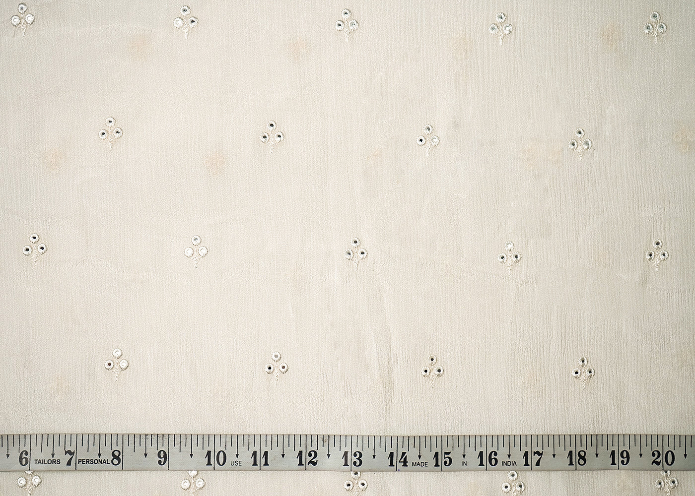 White Chinon Chiffon Fabric With All Over Thread And Faux Mirror Work 19217