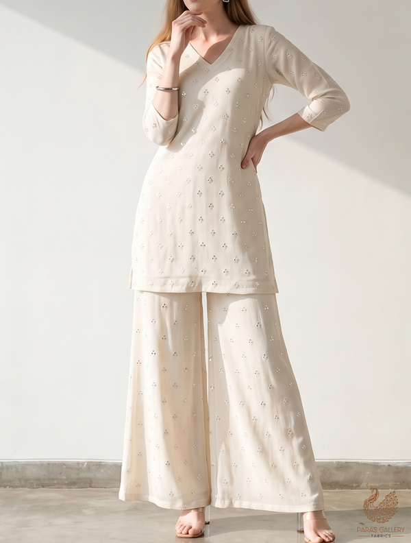 White Dyeable Chinon Chiffon Fabric With All Over Thread And Faux Mirror Work 19217