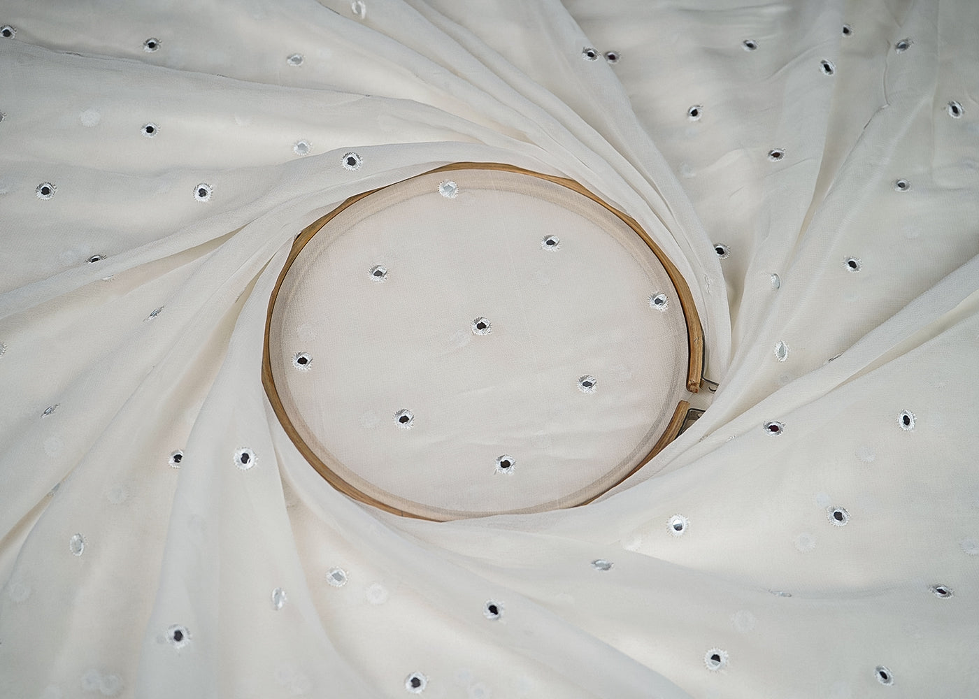 White Georgette Fabric With All Over Thread And Faux Mirror Work 19218