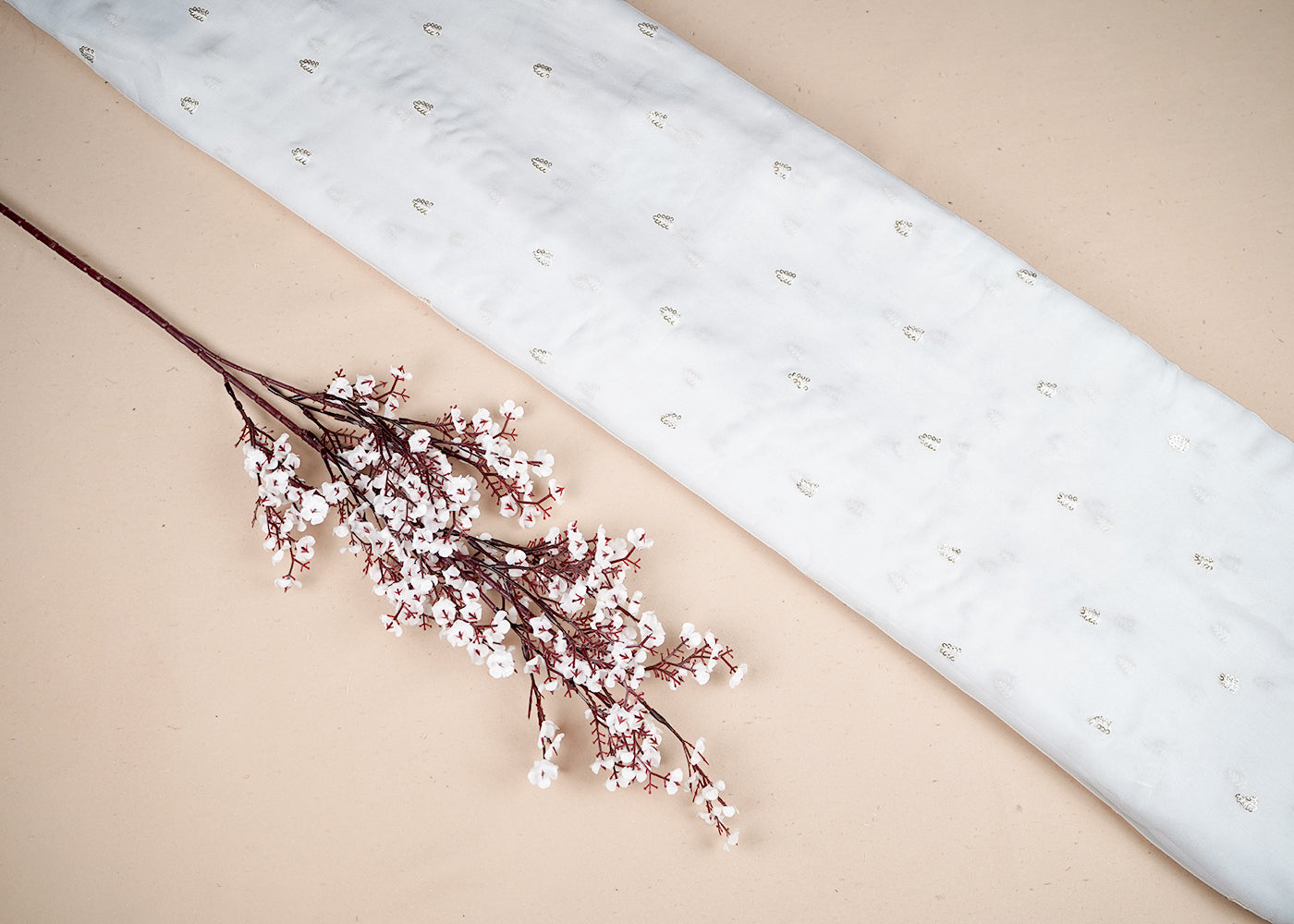 White Georgette Fabric With All Over Thread And Sequins Work 19219