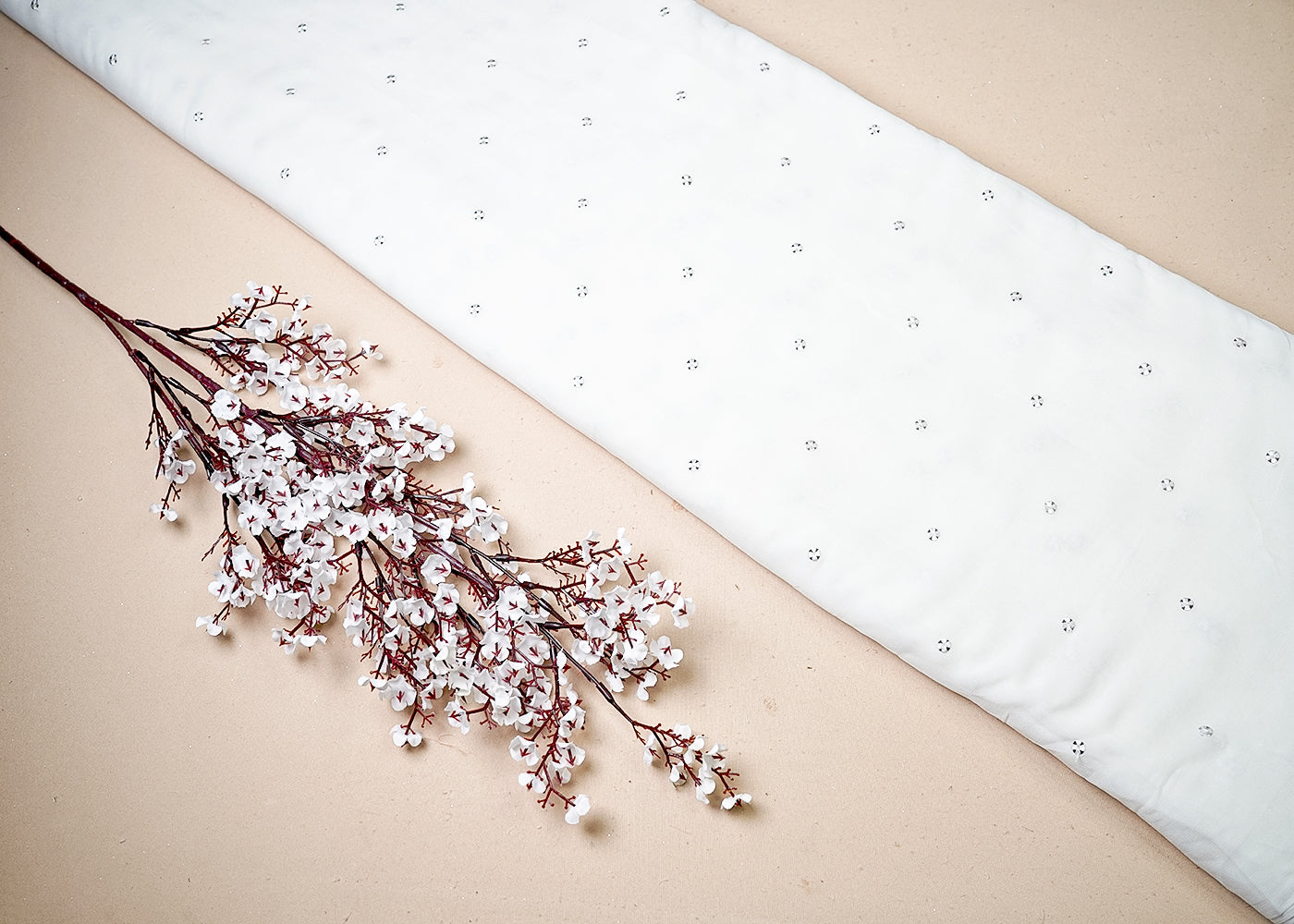 White Georgette Fabric With All Over Thread And Sequins Work 19220