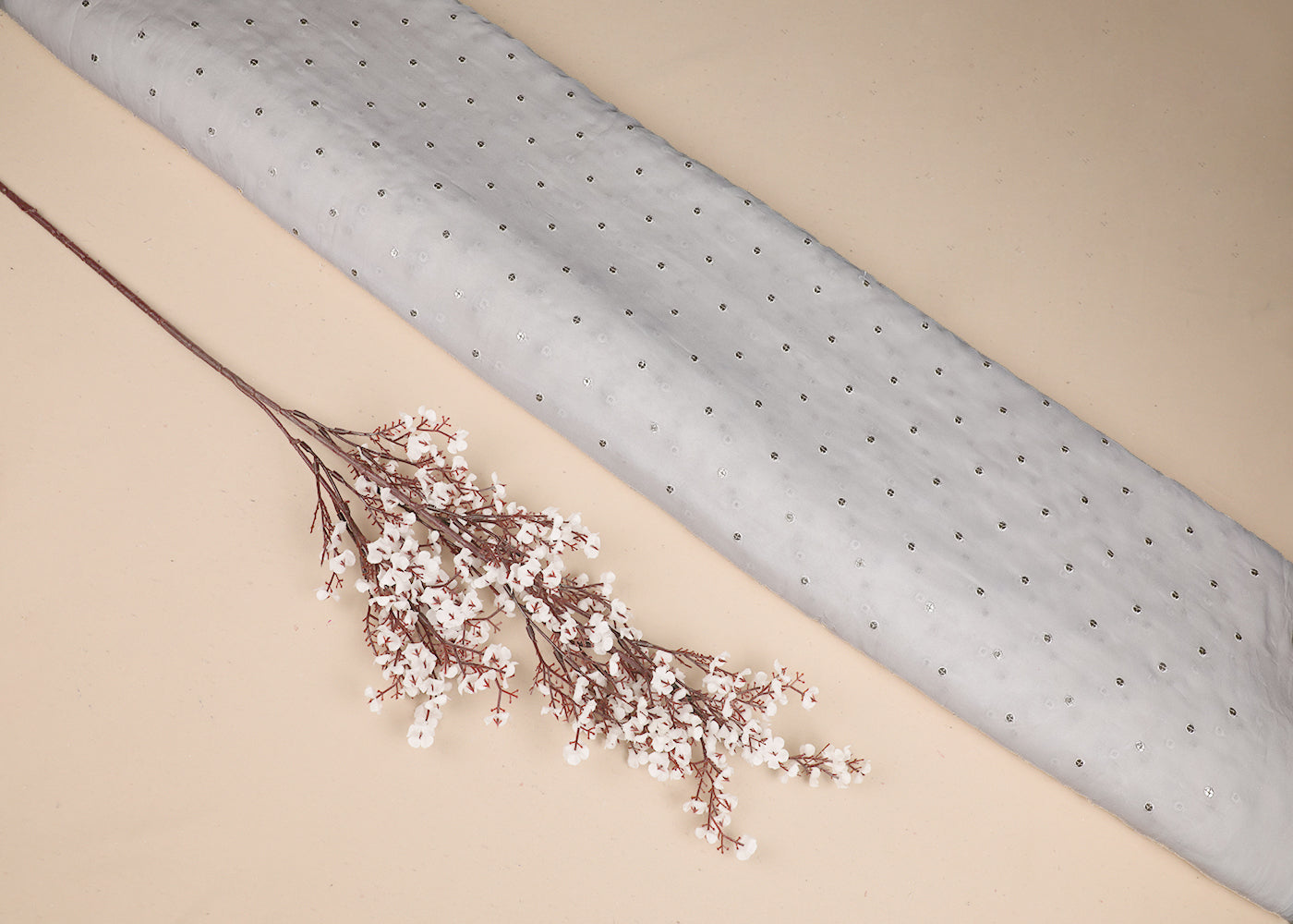 White Georgette Fabric With All Over Thread And Sequins Work 19221