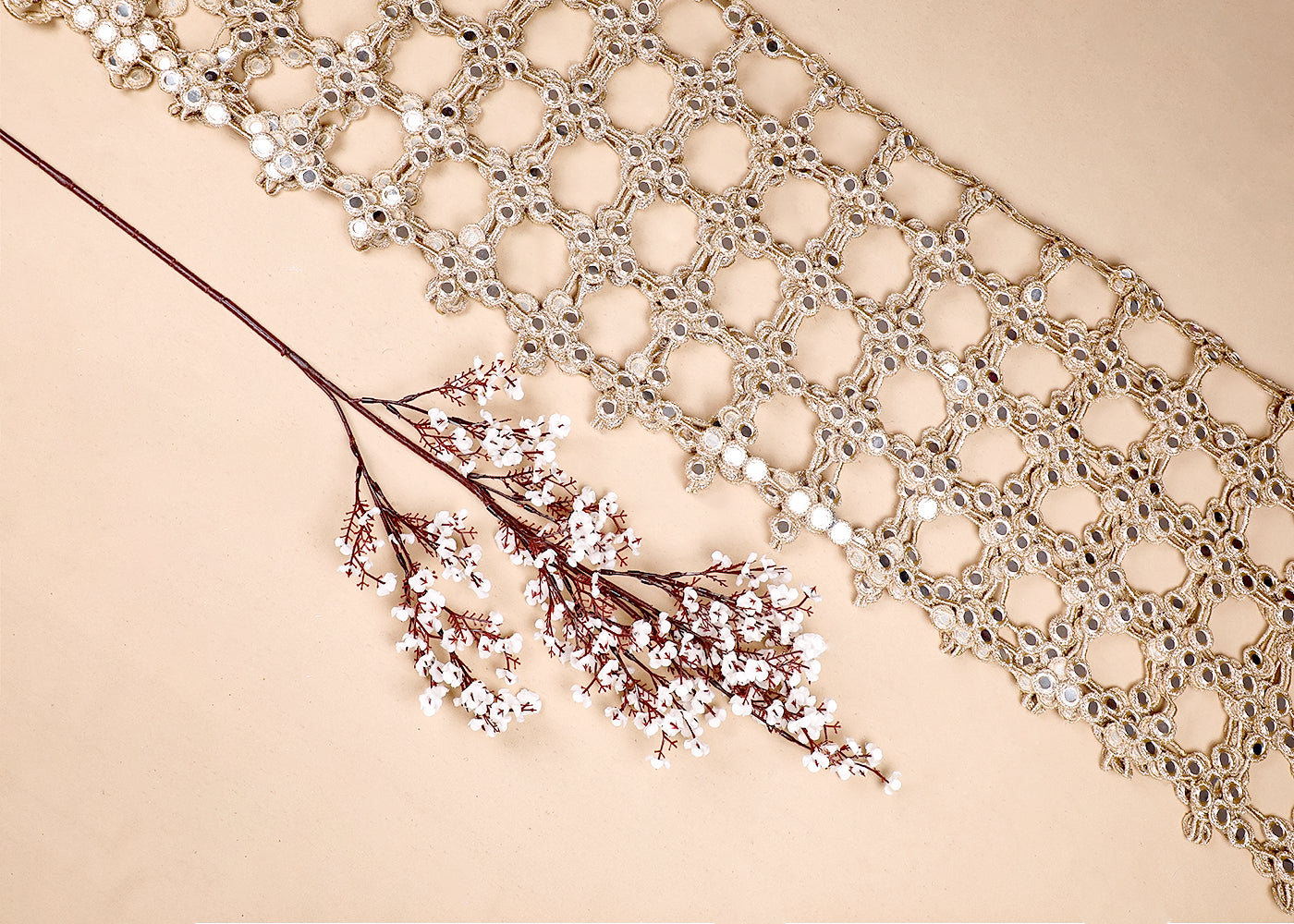 Imported Laser Cutwork Net Fabric With All Over Golden Zari and Faux Mirror Work 19222