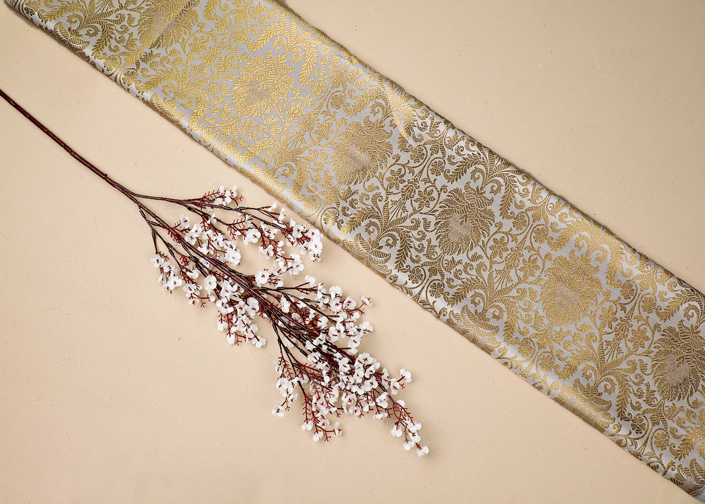 Off White Banarasi Brocade Fabric With All Over Golden Zari Handloom 19224