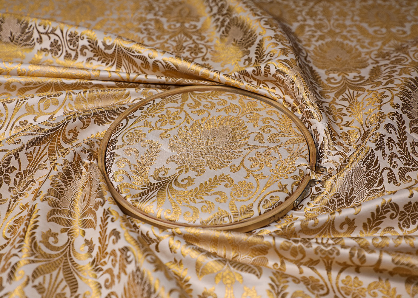 Off White Banarasi Brocade Fabric With All Over Golden Zari Handloom 19224