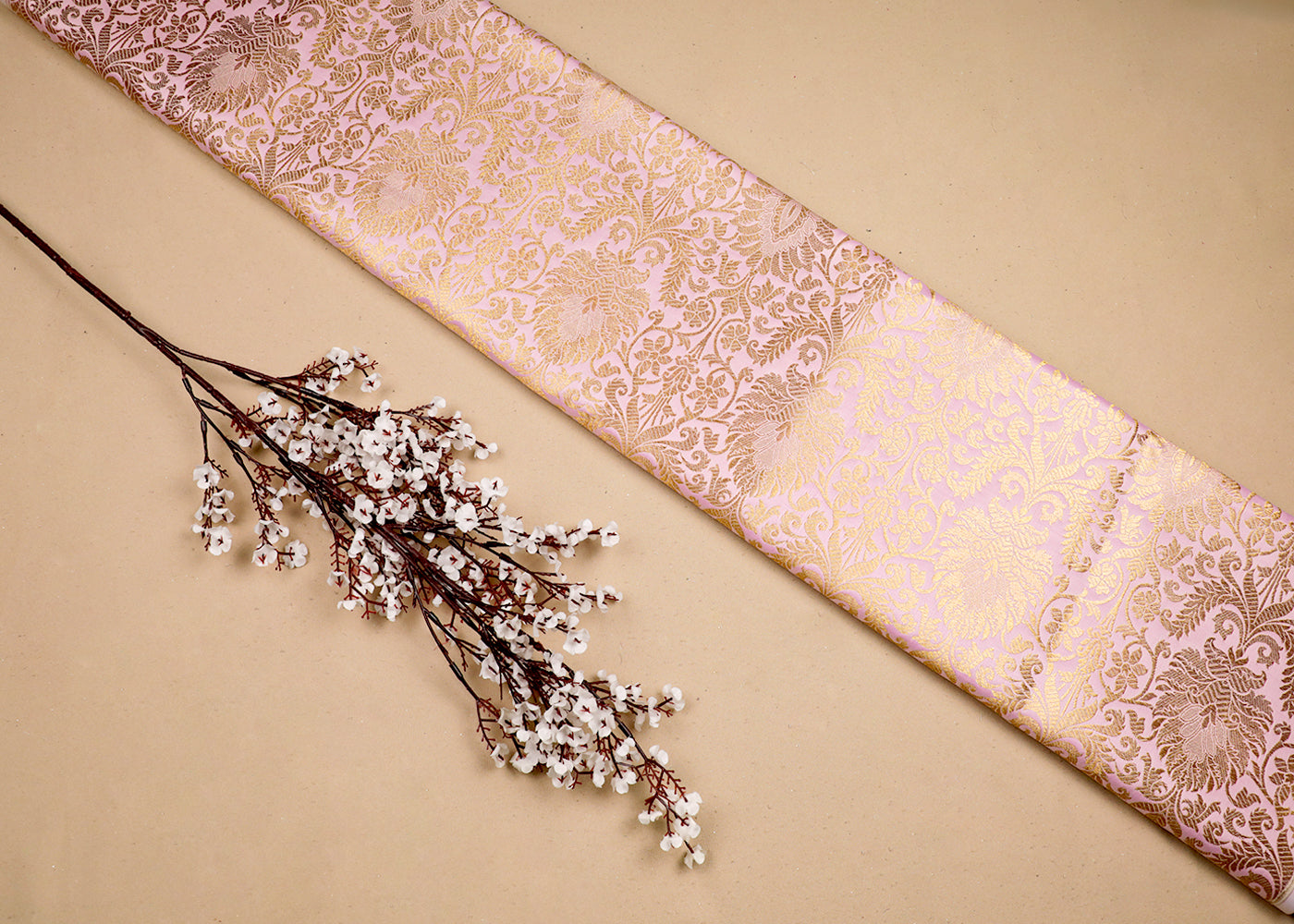 Light Pink Banarasi Brocade Fabric With All Over Golden Zari Work 19225