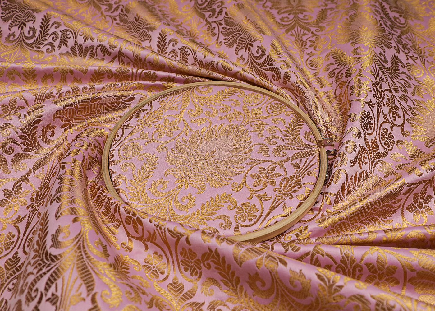 Light Pink Banarasi Brocade Fabric With All Over Golden Zari Work 19225