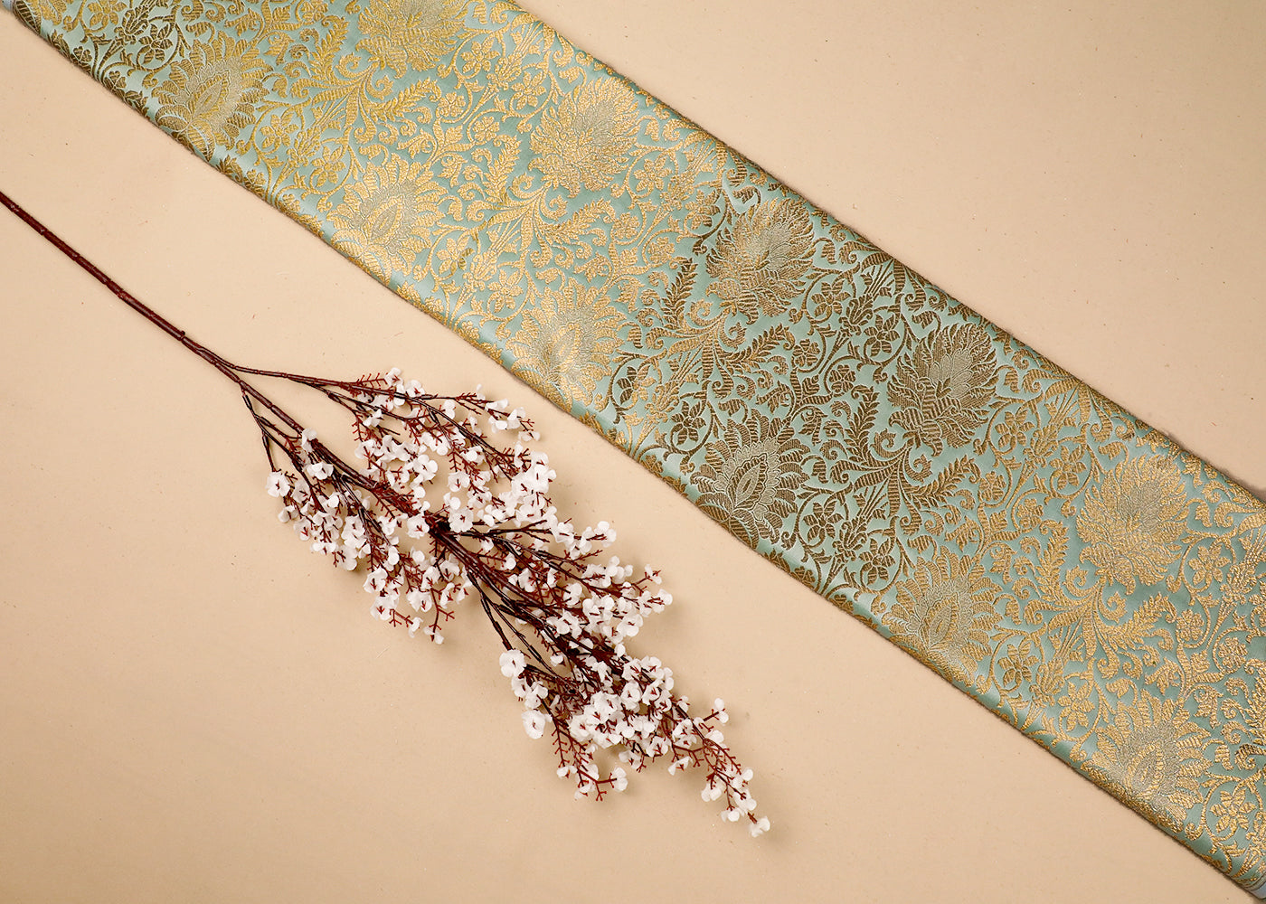 Mint Green Banarasi Brocade Fabric With All Over Golden Zari Handloom 19226