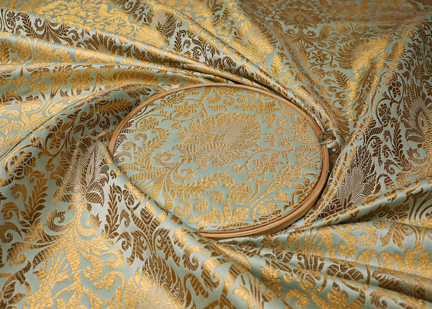 Mint Green Banarasi Brocade Fabric With All Over Golden Zari Handloom 19226