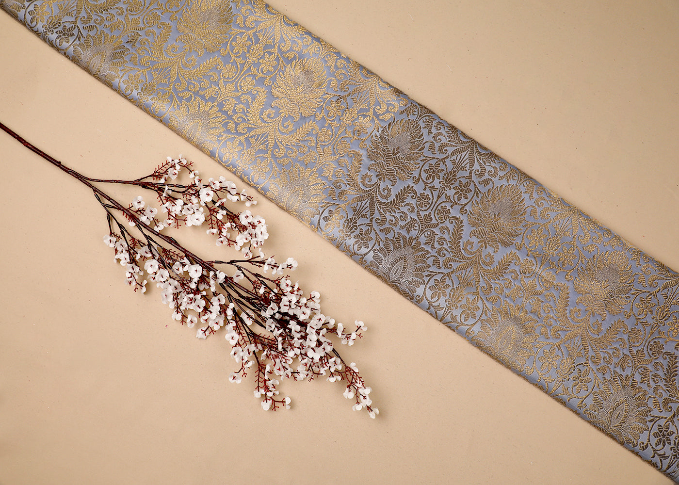 Ice Blue Banarasi Brocade Fabric With All Over Golden Zari Handloom 19227