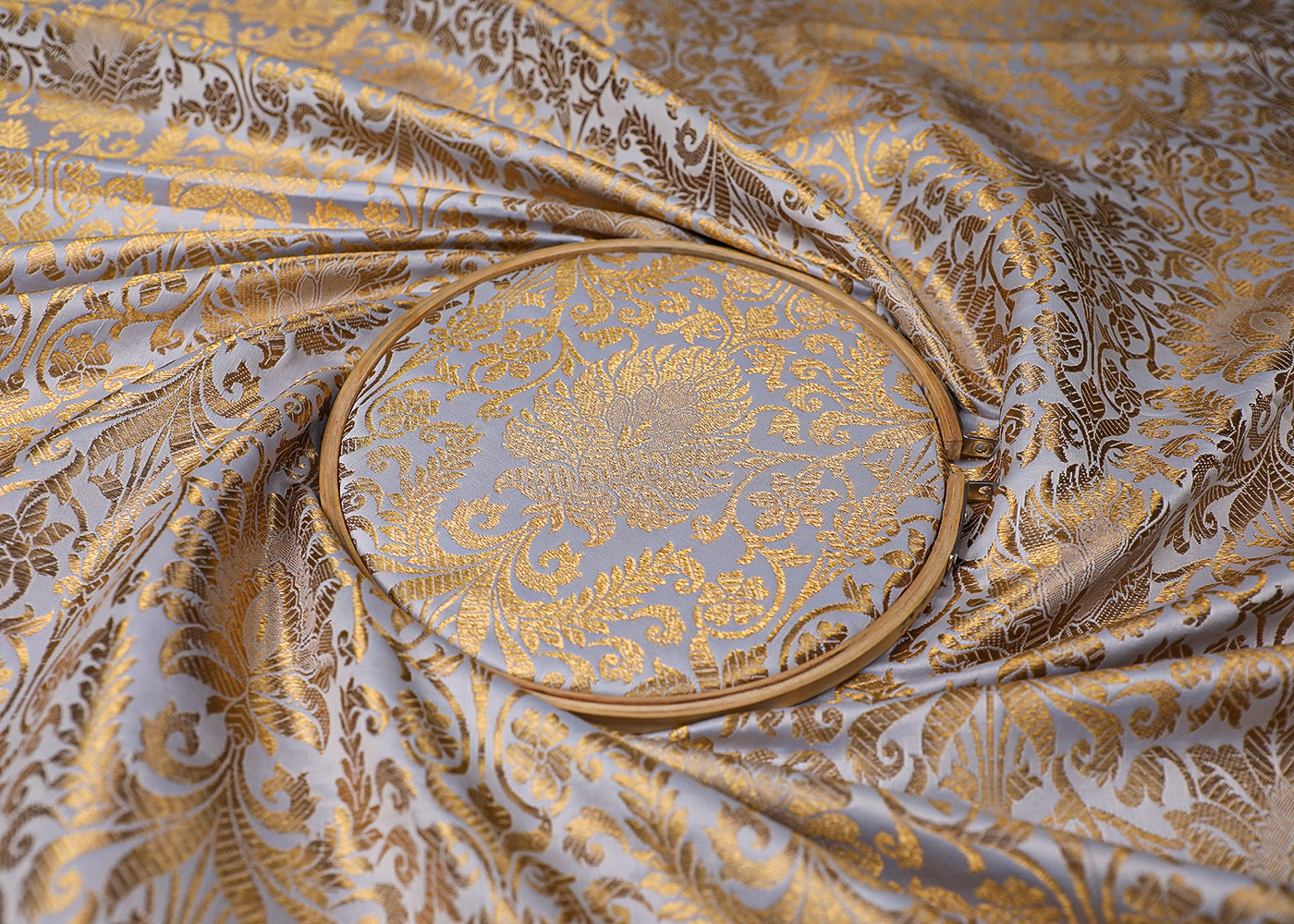Ice Blue Banarasi Brocade Fabric With All Over Golden Zari Handloom 19227