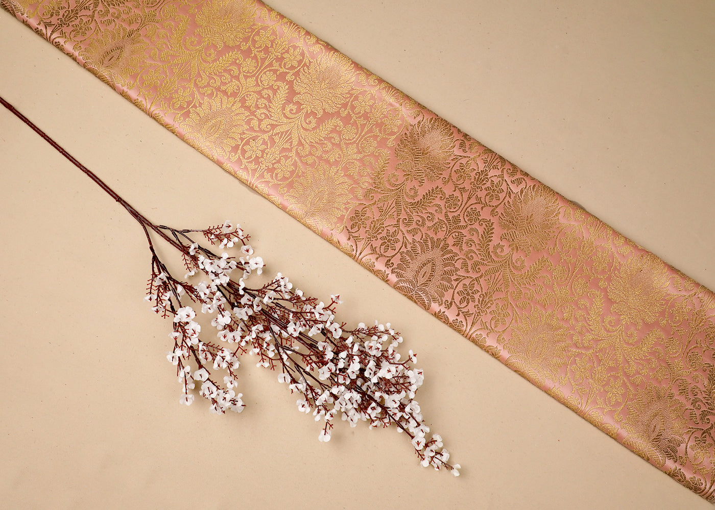 Light Peach Banarasi Brocade Fabric With All Over Golden Zari Handloom 19228