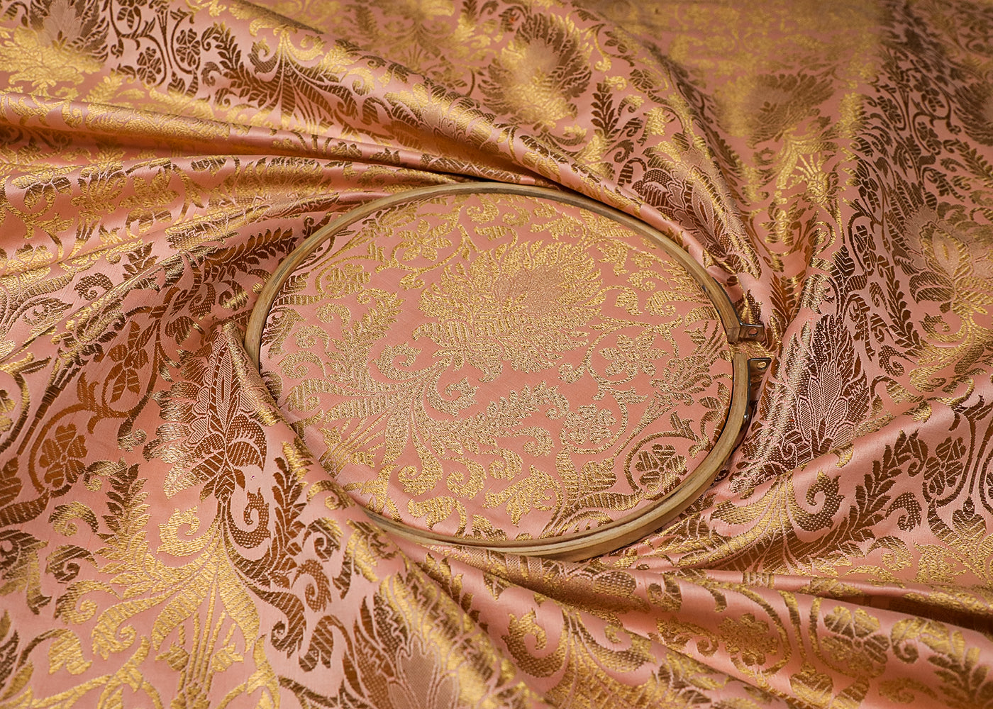 Light Peach Banarasi Brocade Fabric With All Over Golden Zari Handloom 19228