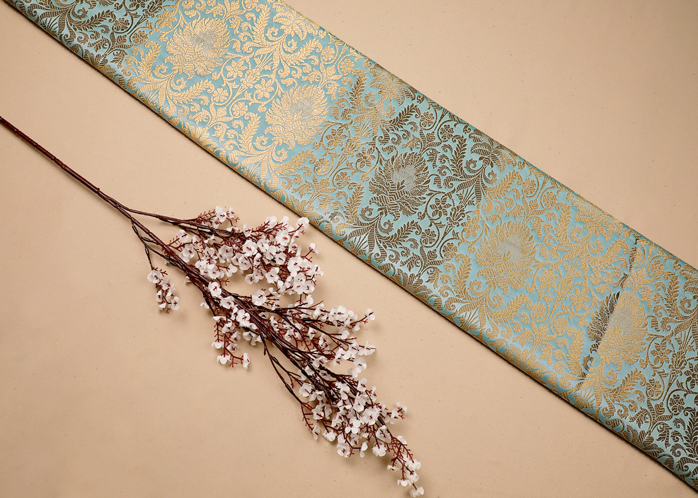 Sea Green Banarasi Brocade Fabric With All Over Golden Zari Work 19229