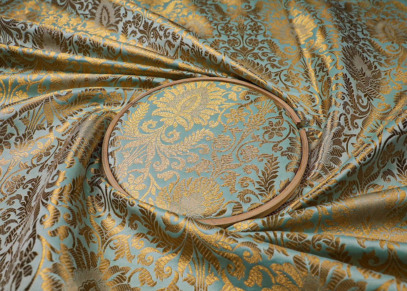 Sea Green Banarasi Brocade Fabric With All Over Golden Zari Work 19229