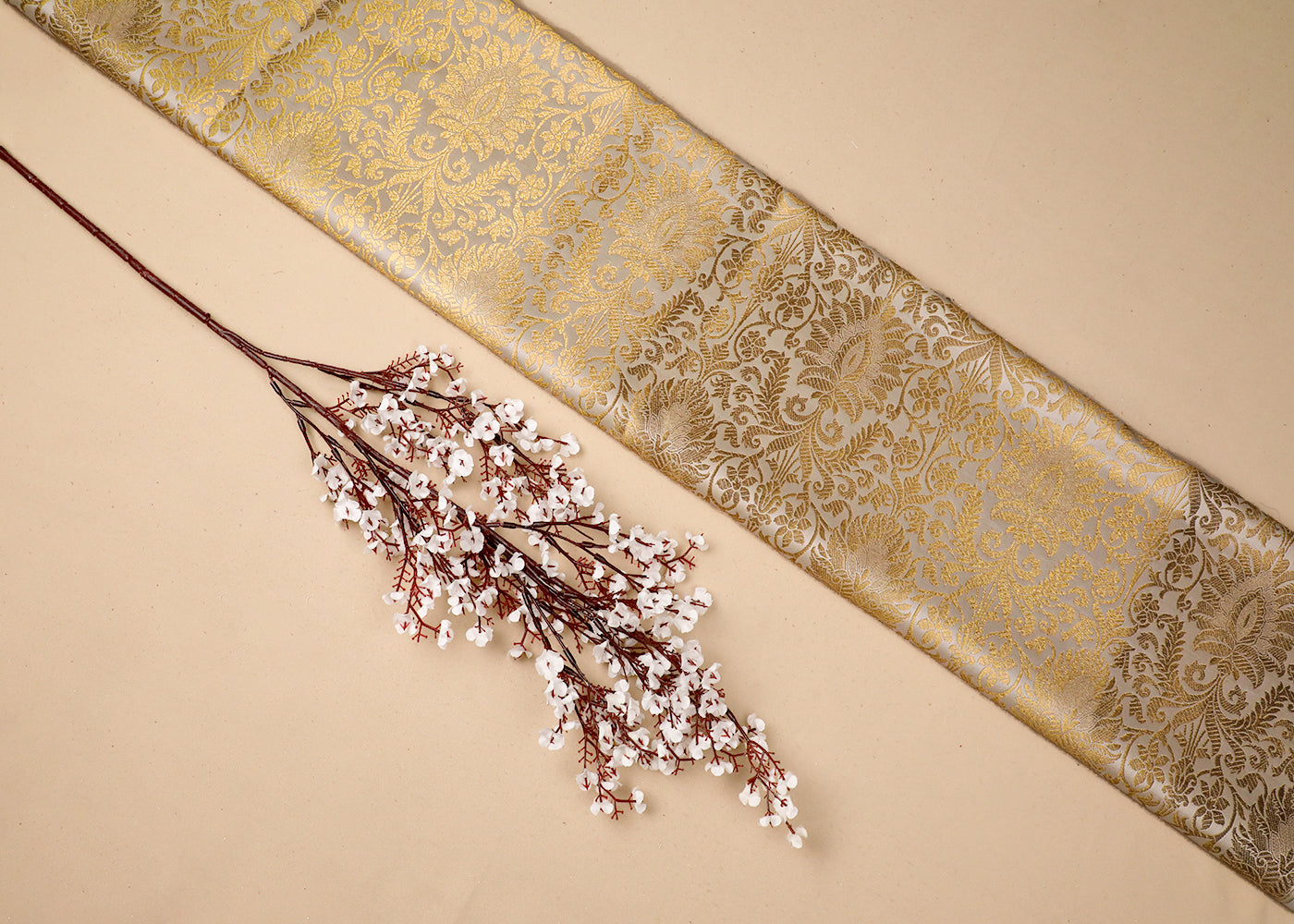 White Banarasi Brocade Fabric With All Over Golden Zari Handloom 19230
