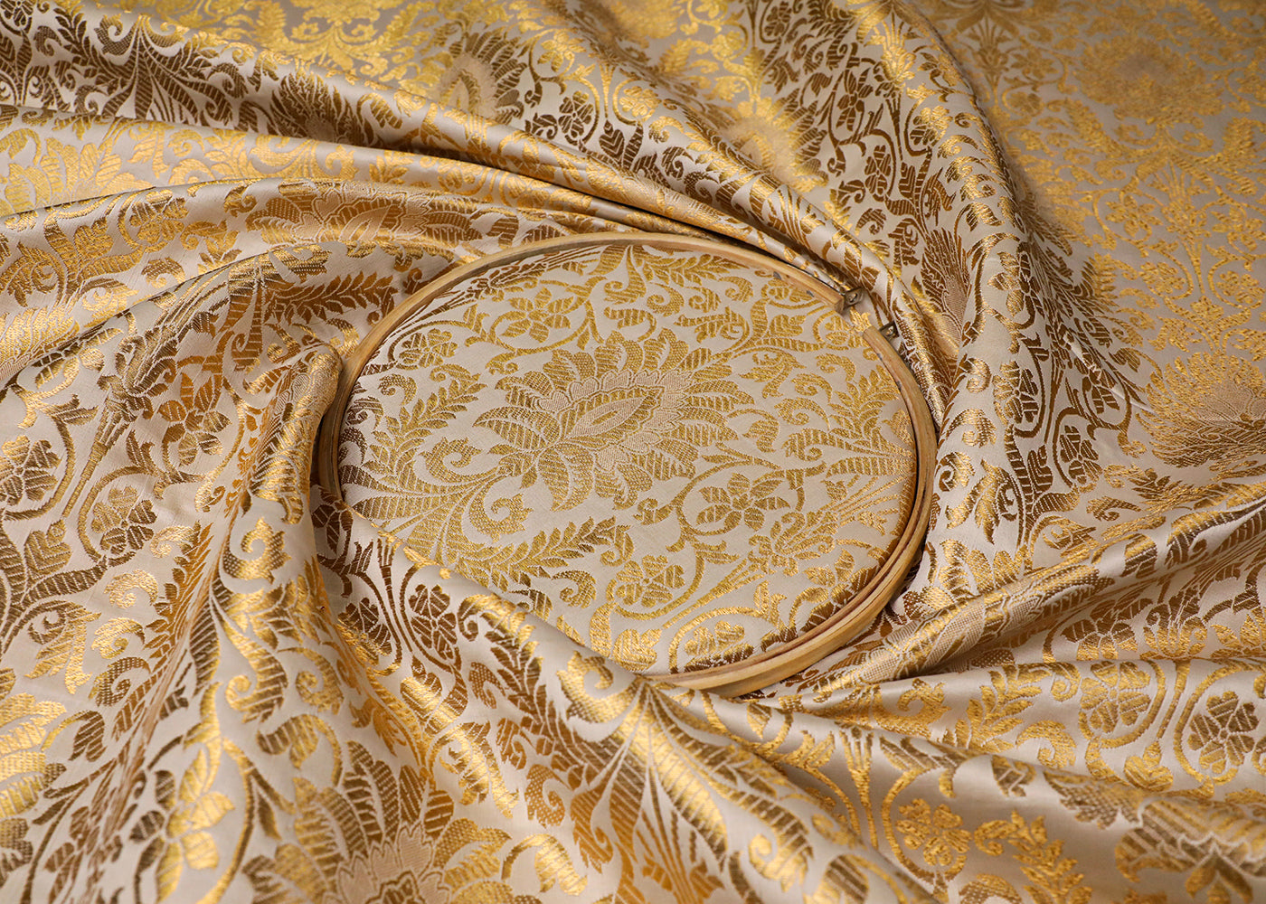 White Banarasi Brocade Fabric With All Over Golden Zari Handloom 19230