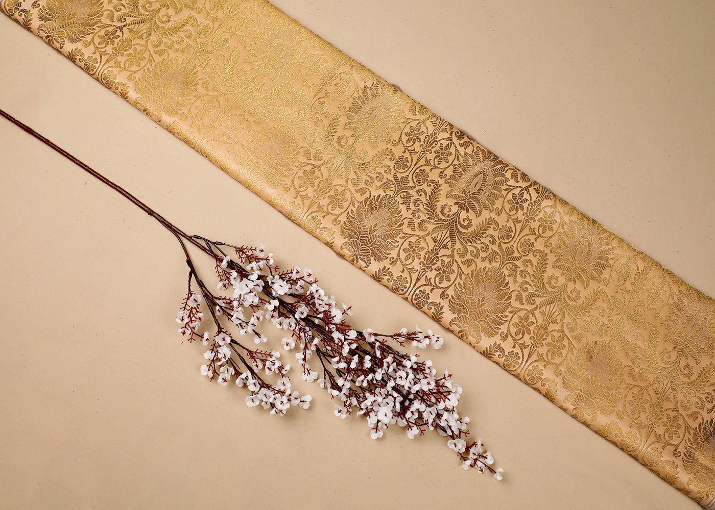 Peach  Banarasi Brocade Fabric With All Over Golden Zari Handloom 19232