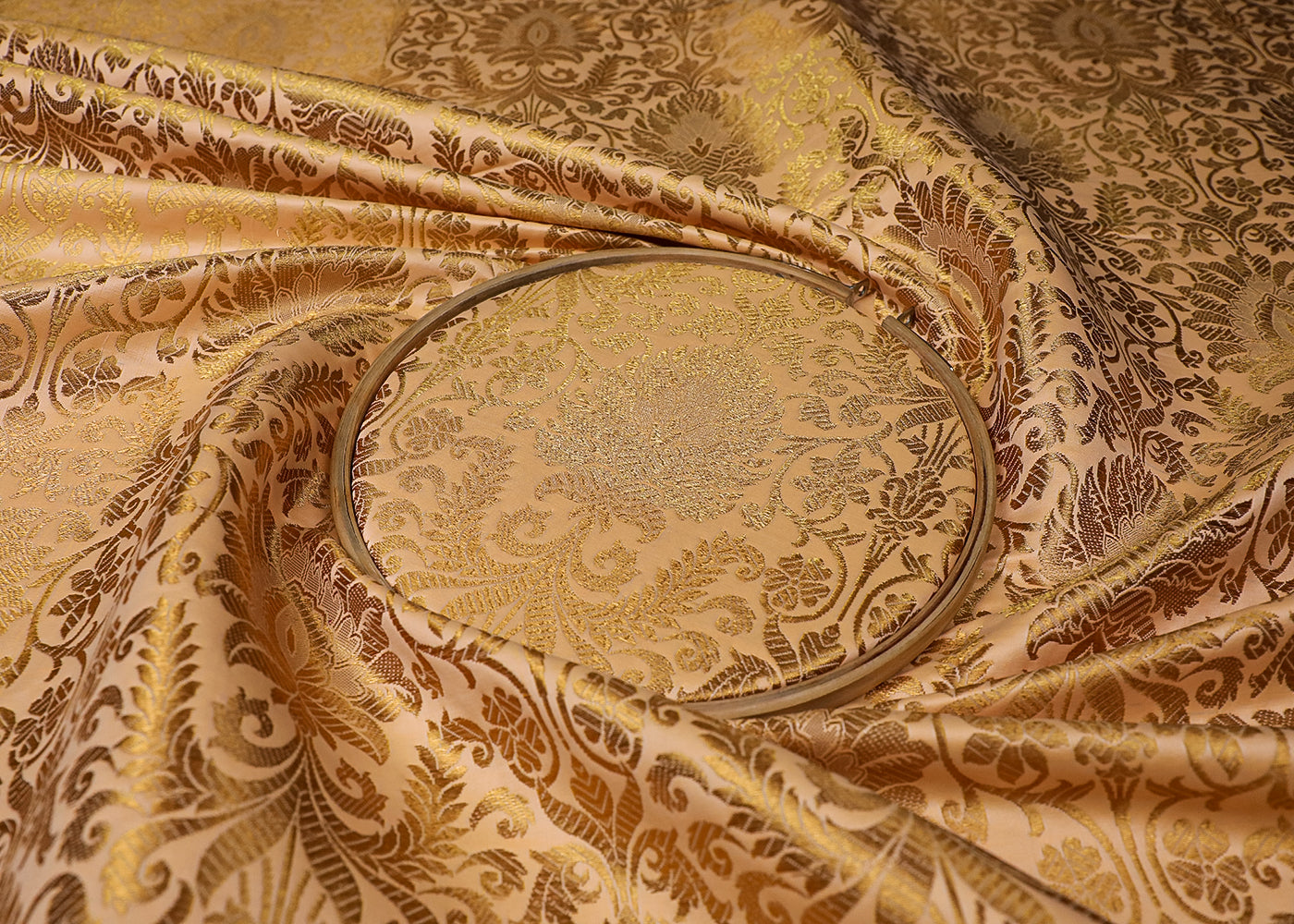 Peach  Banarasi Brocade Fabric With All Over Golden Zari Handloom 19232