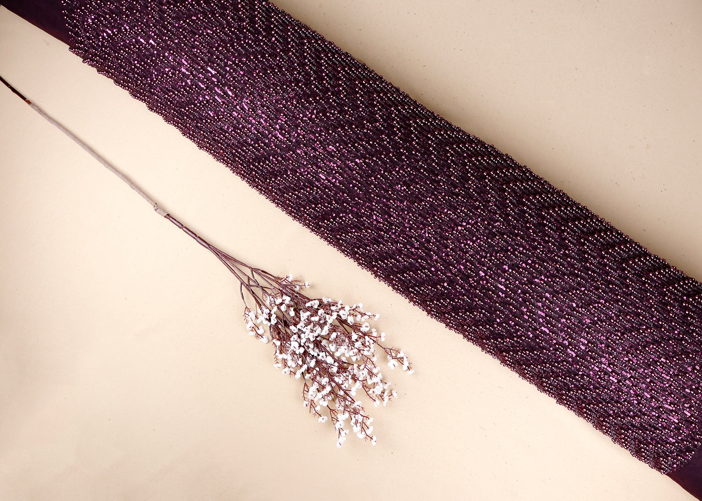 Wine Imported Net Fabric With All Over Bead And Sequins Work 19236