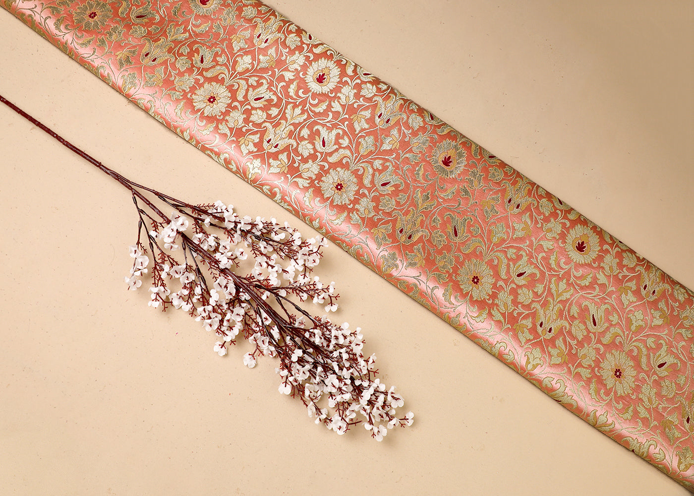 Peach Pink Banarasi Brocade Fabric With All Over Thread And Golden Zari Handloom 19237