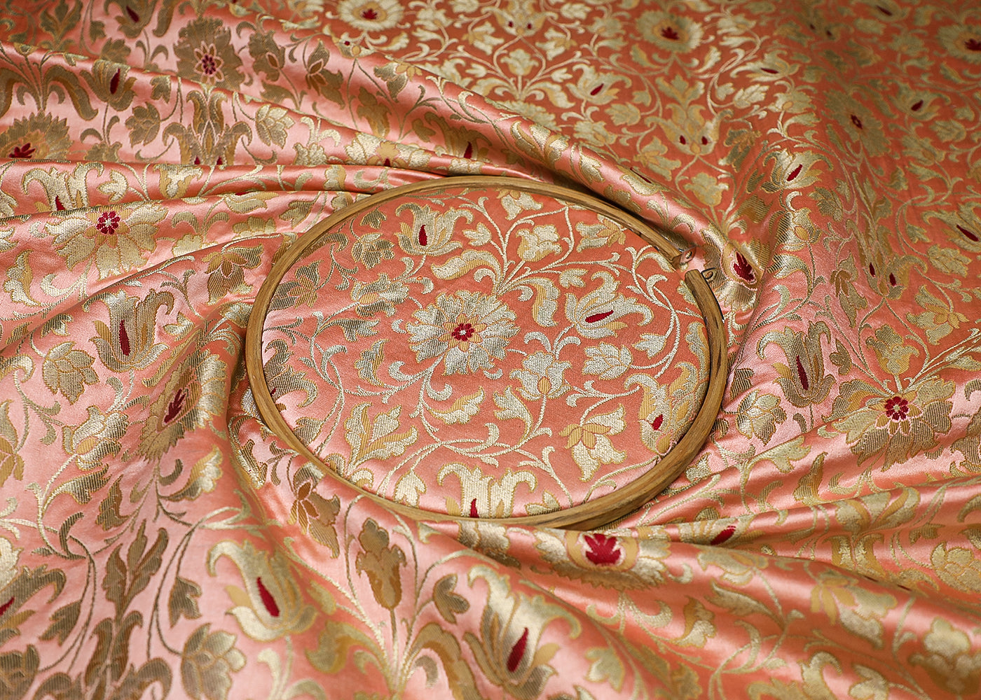 Peach Pink Banarasi Brocade Fabric With All Over Thread And Golden Zari Handloom 19237