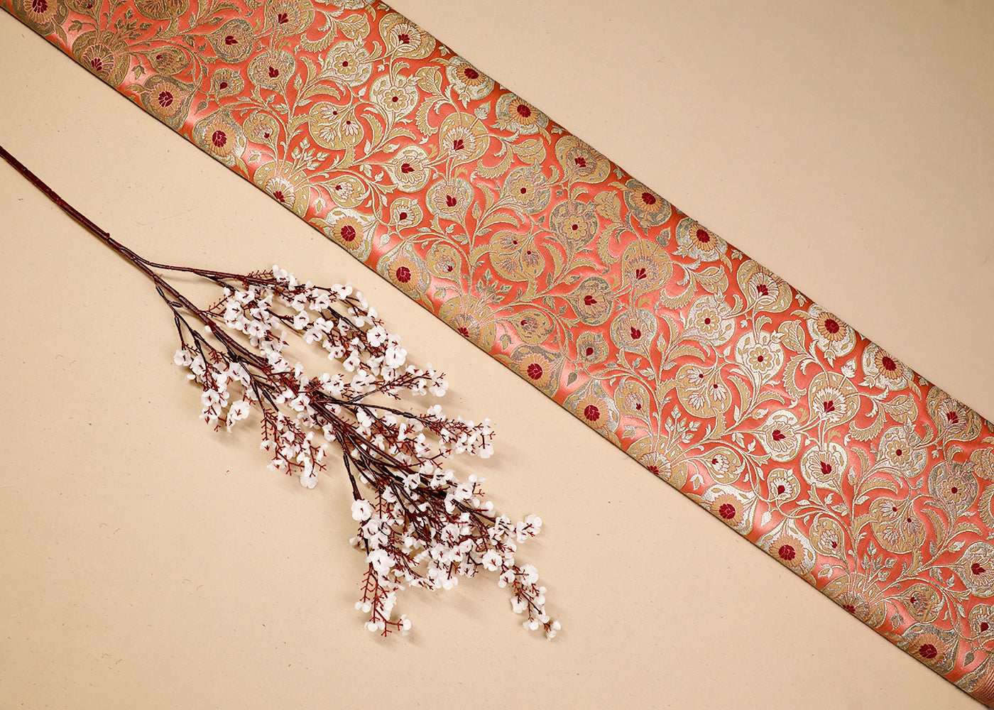 Peach Banarasi Brocade Fabric With All Over Thread And Golden Zari Handloom 19238