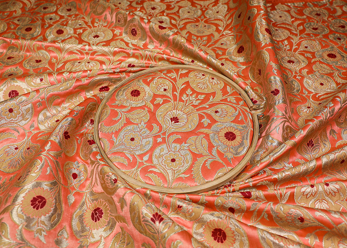 Peach Banarasi Brocade Fabric With All Over Thread And Golden Zari Handloom 19238