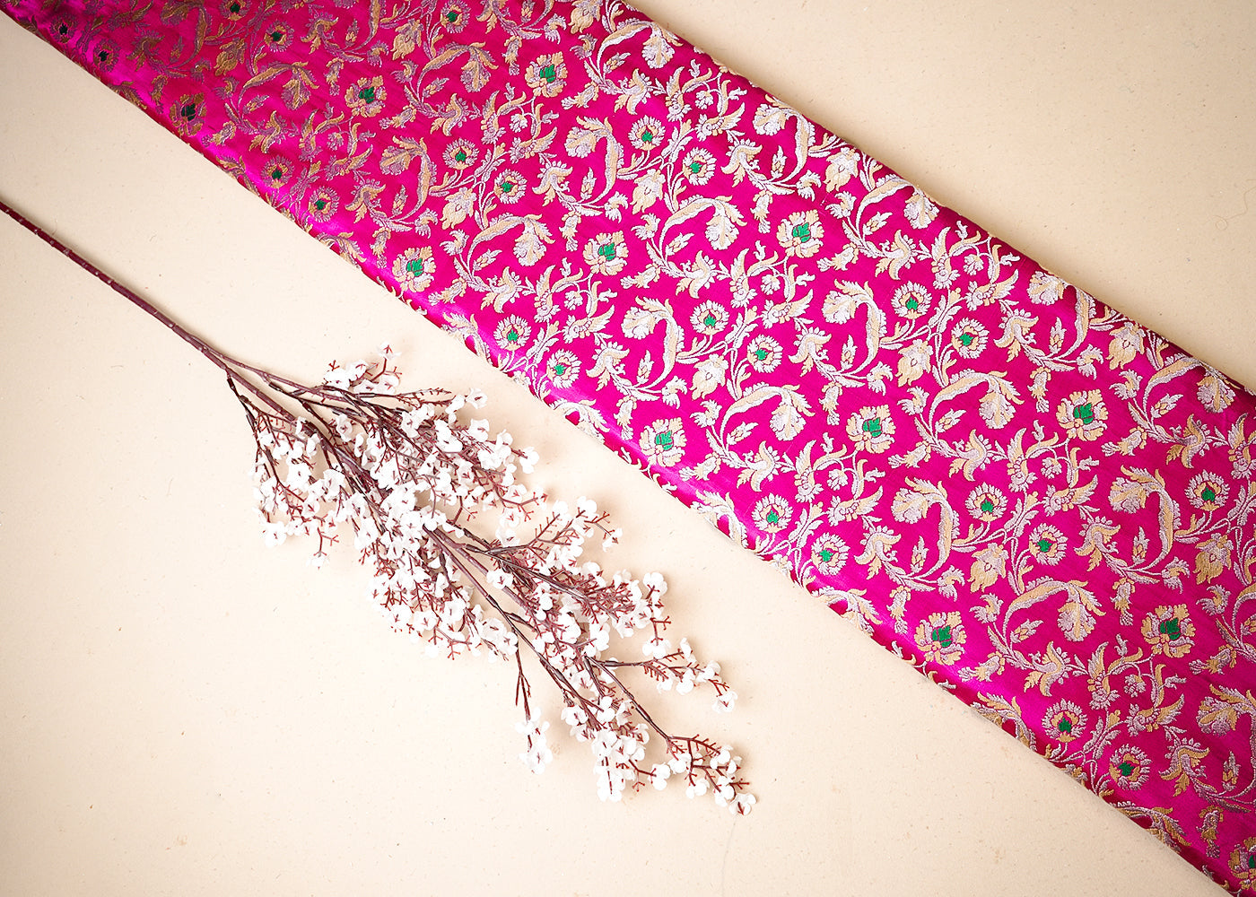 Rani Pink Banarasi Brocade Fabric With All Over Thread And Golden Zari Handloom 19239