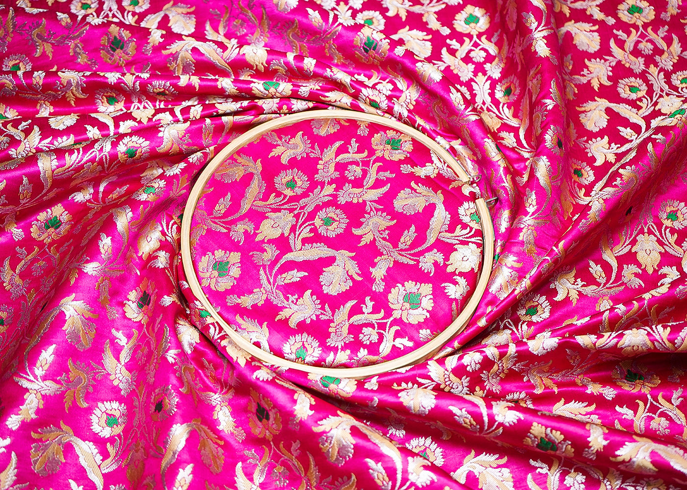 Rani Pink Banarasi Brocade Fabric With All Over Thread And Golden Zari Handloom 19239