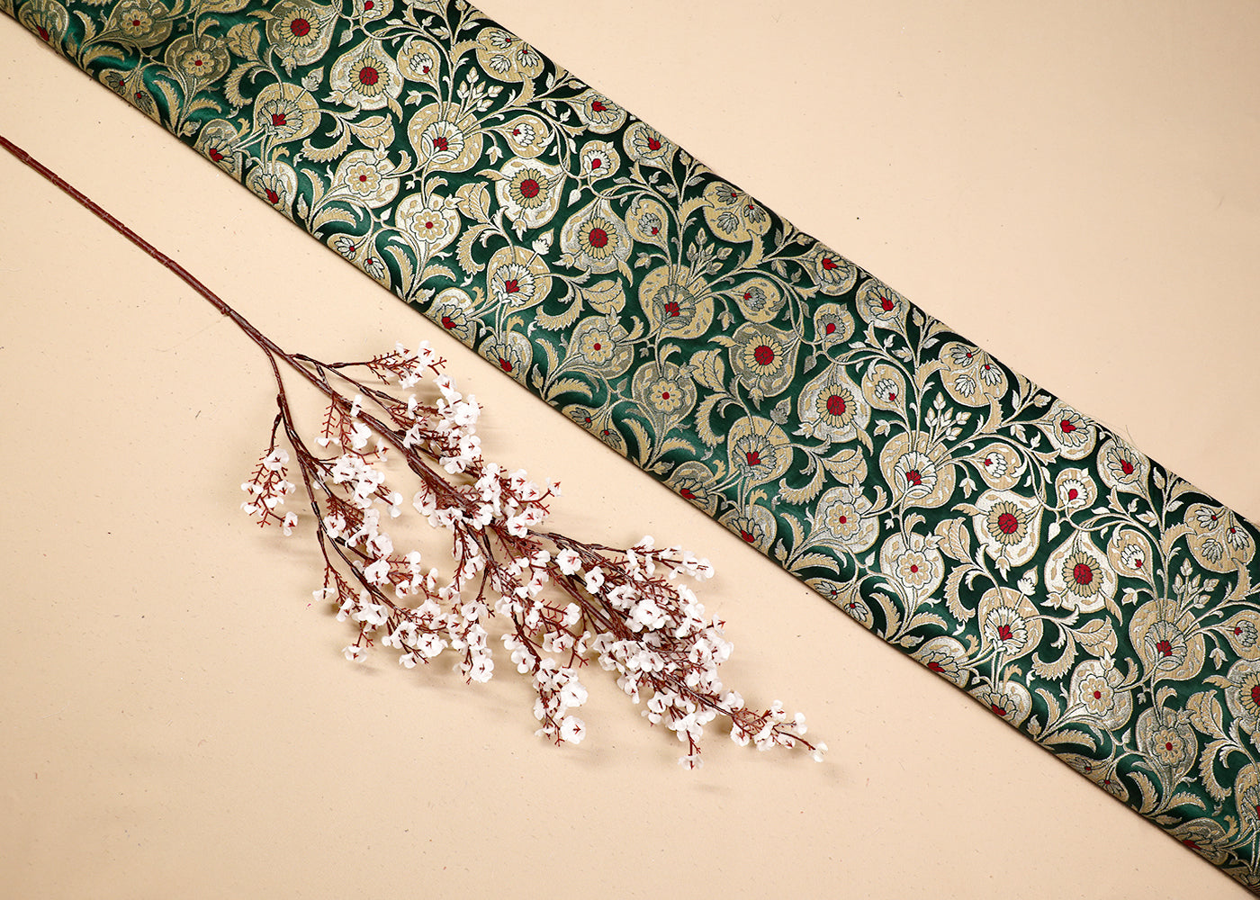 Bottle Green Banarasi Brocade Fabric With All Over Thread And Golden Zari Handloom 19241