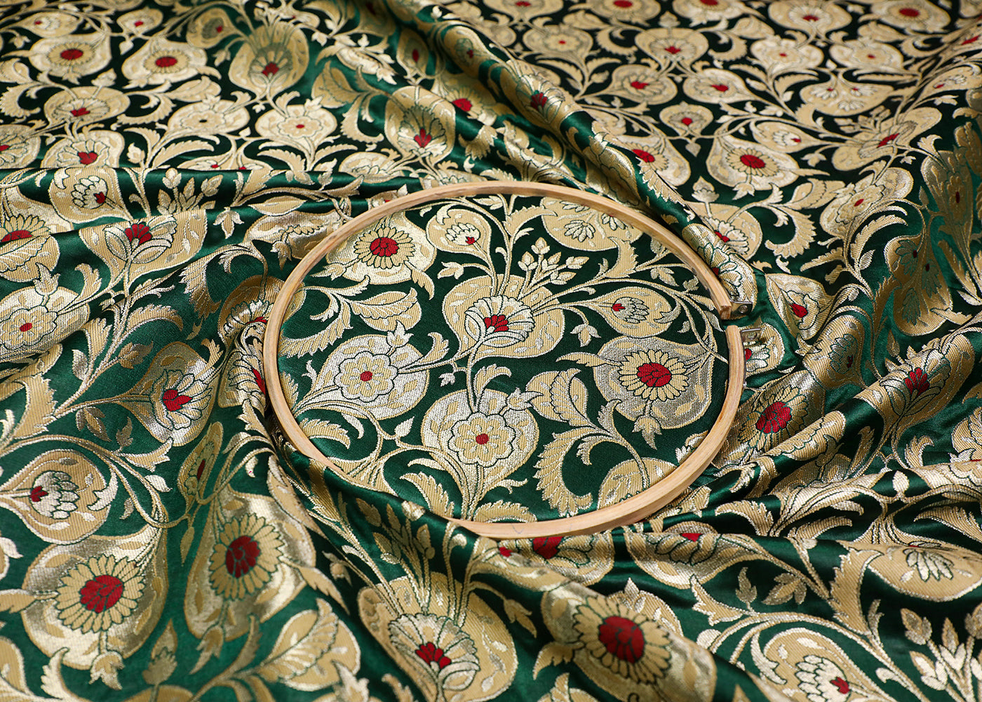Bottle Green Banarasi Brocade Fabric With All Over Thread And Golden Zari Handloom 19241