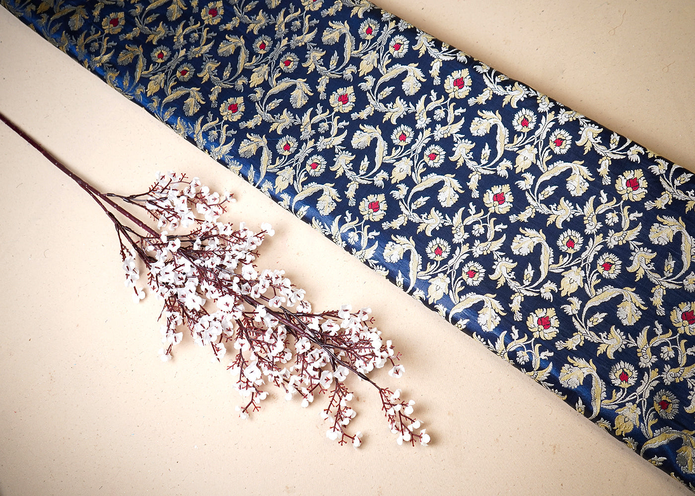 Navy Blue Banarasi Brocade Fabric With All Over Thread And Golden Zari Handloom 19242