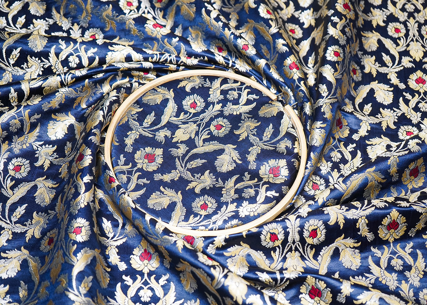 Navy Blue Banarasi Brocade Fabric With All Over Thread And Golden Zari Handloom 19242