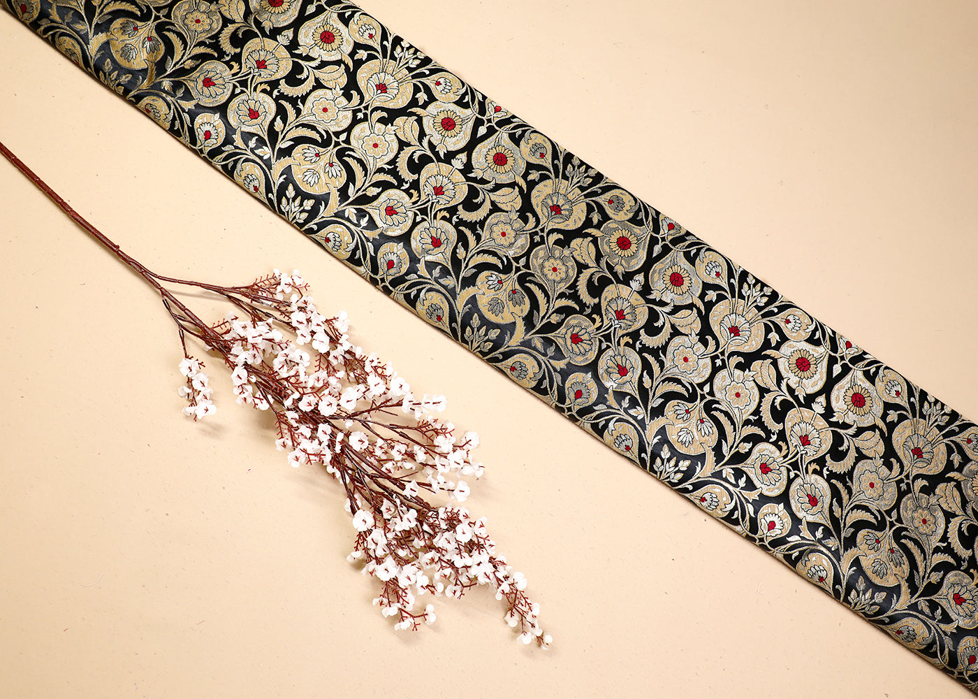 Black Banarasi Brocade Fabric With All Over Thread And Golden Zari Handloom 19243