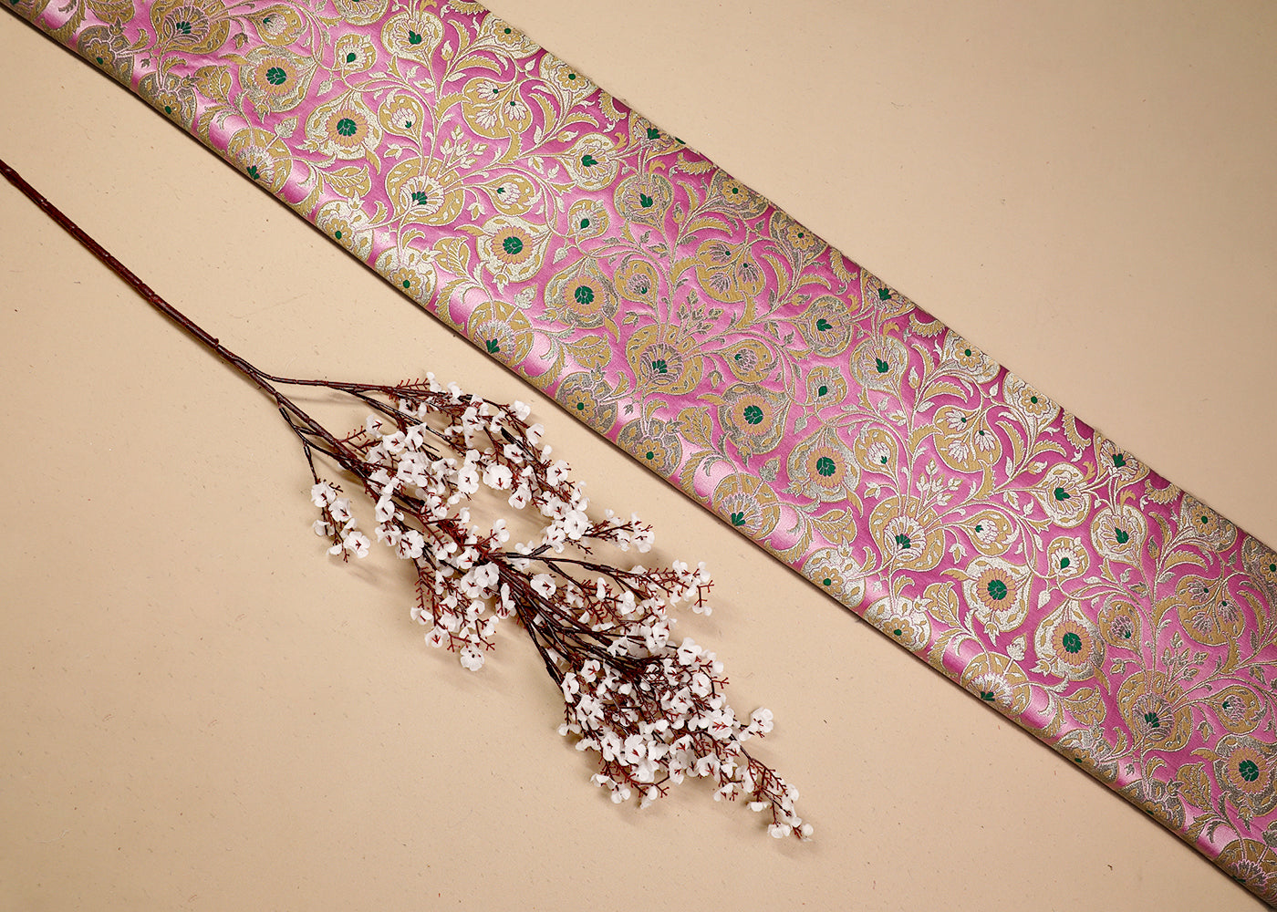 Baby Pink Banarasi Brocade Fabric With All Over Thread And Golden Zari Handloom 19244