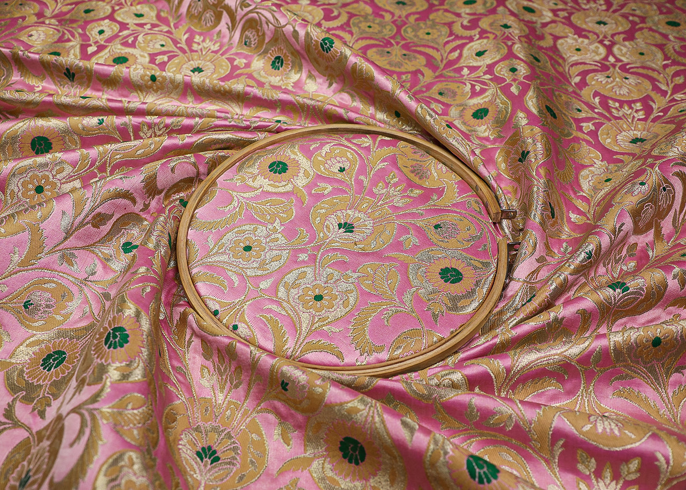 Baby Pink Banarasi Brocade Fabric With All Over Thread And Golden Zari Handloom 19244