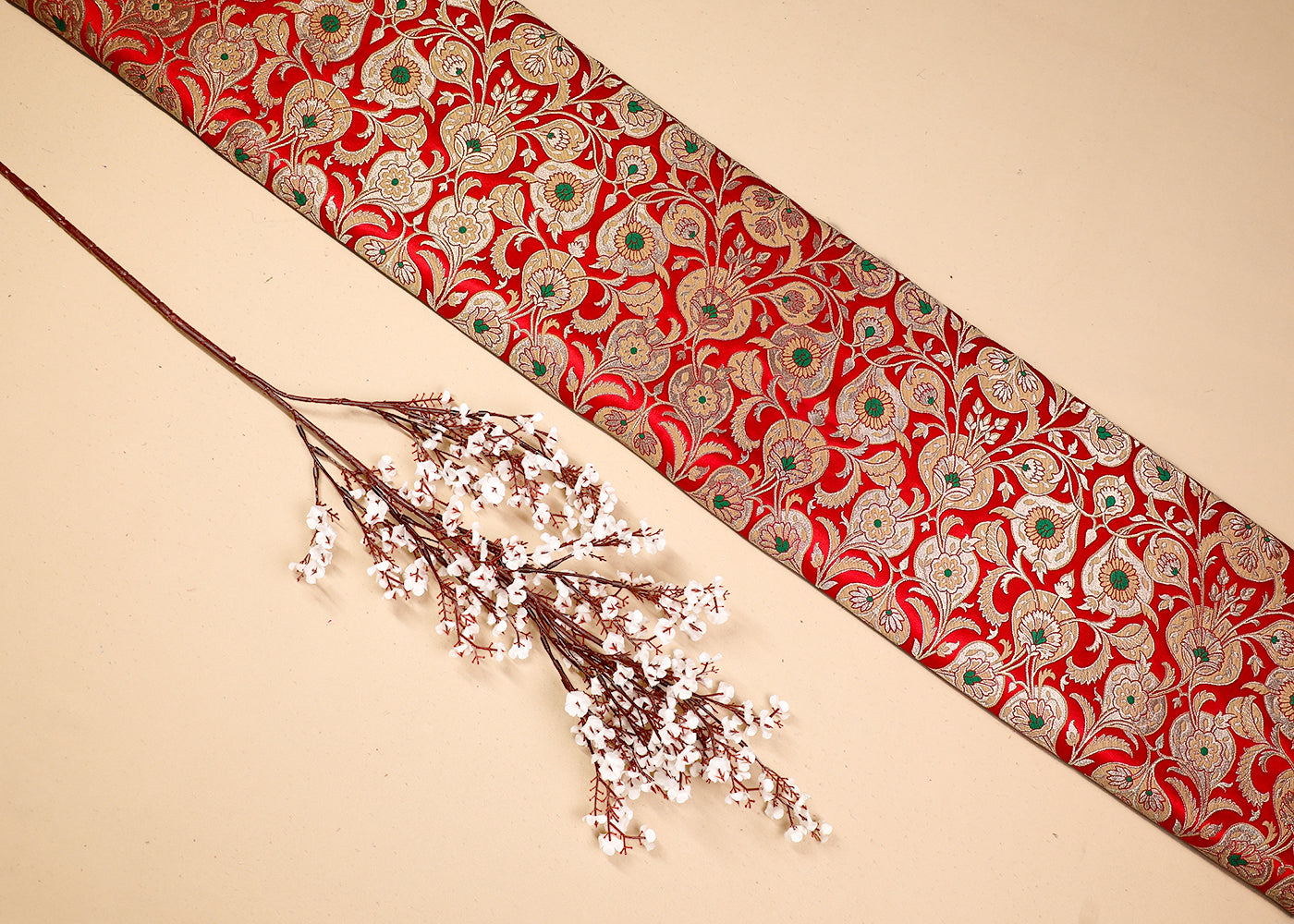 Red Banarasi Brocade Fabric With All Over Thread And Golden Zari Handloom 19245