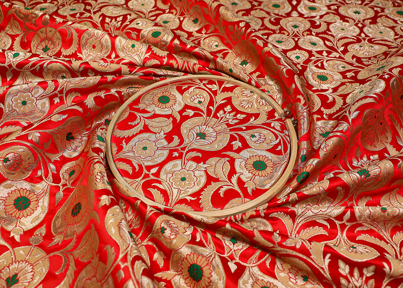 Red Banarasi Brocade Fabric With All Over Thread And Golden Zari Handloom 19245