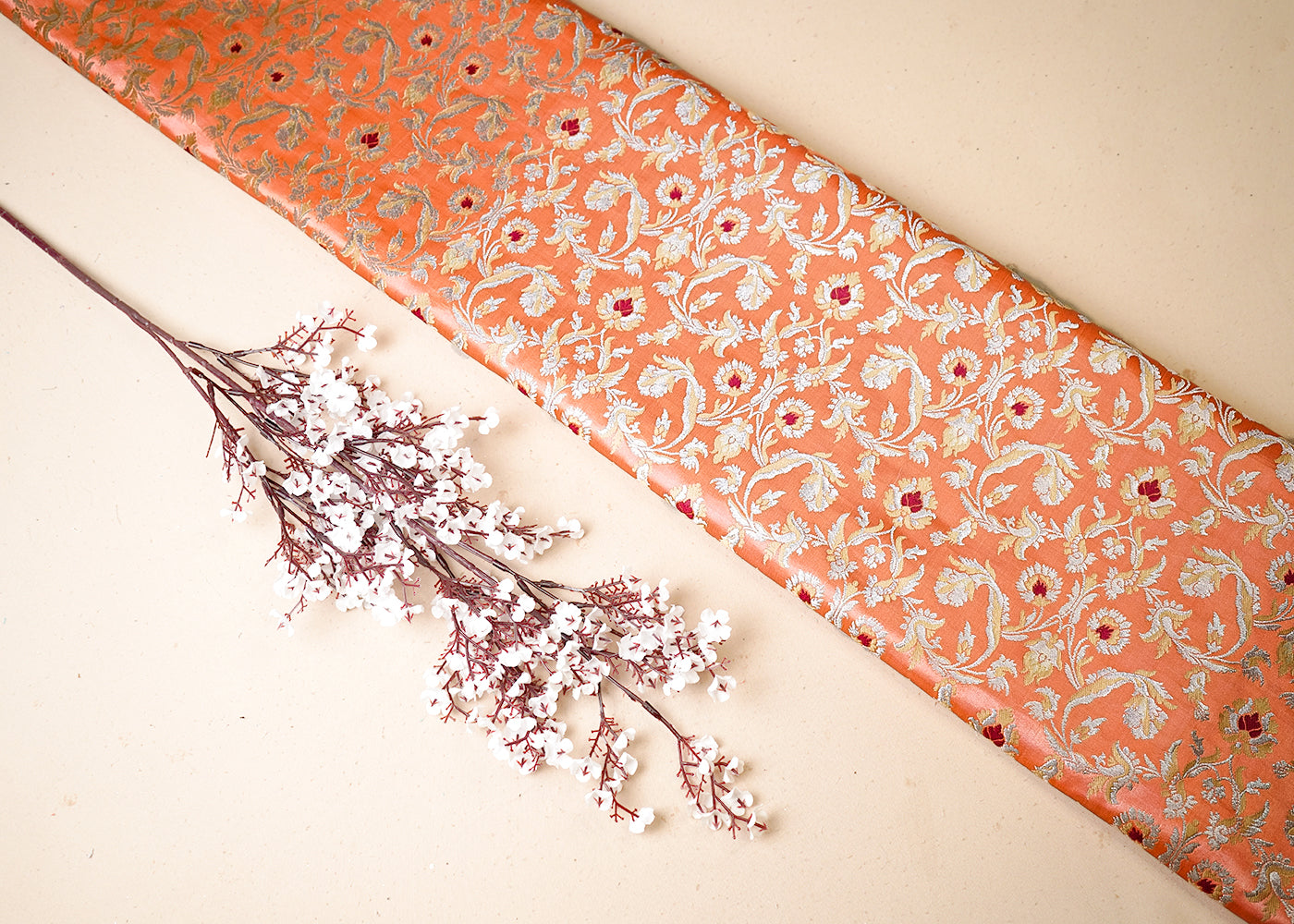 Dark Peach Banarasi Brocade Fabric With All Over Thread And Golden Zari Handloom 19246